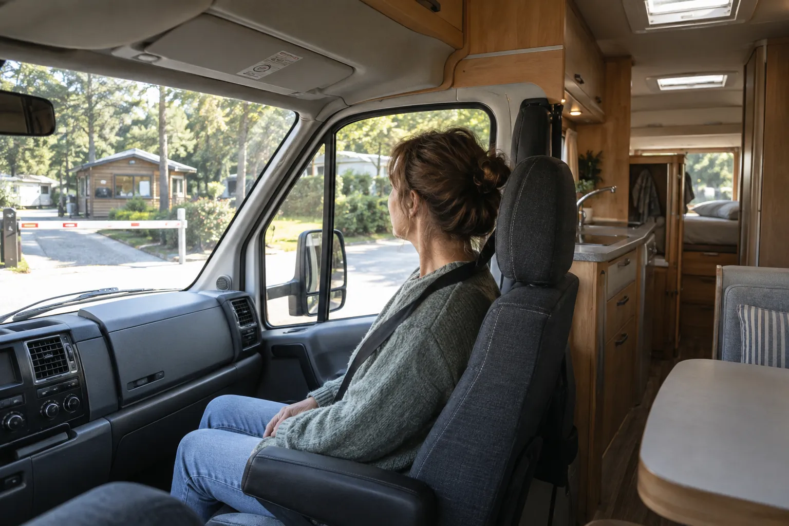 Passenger seated with a seatbelt in a motorhome cab with a clear forward view.