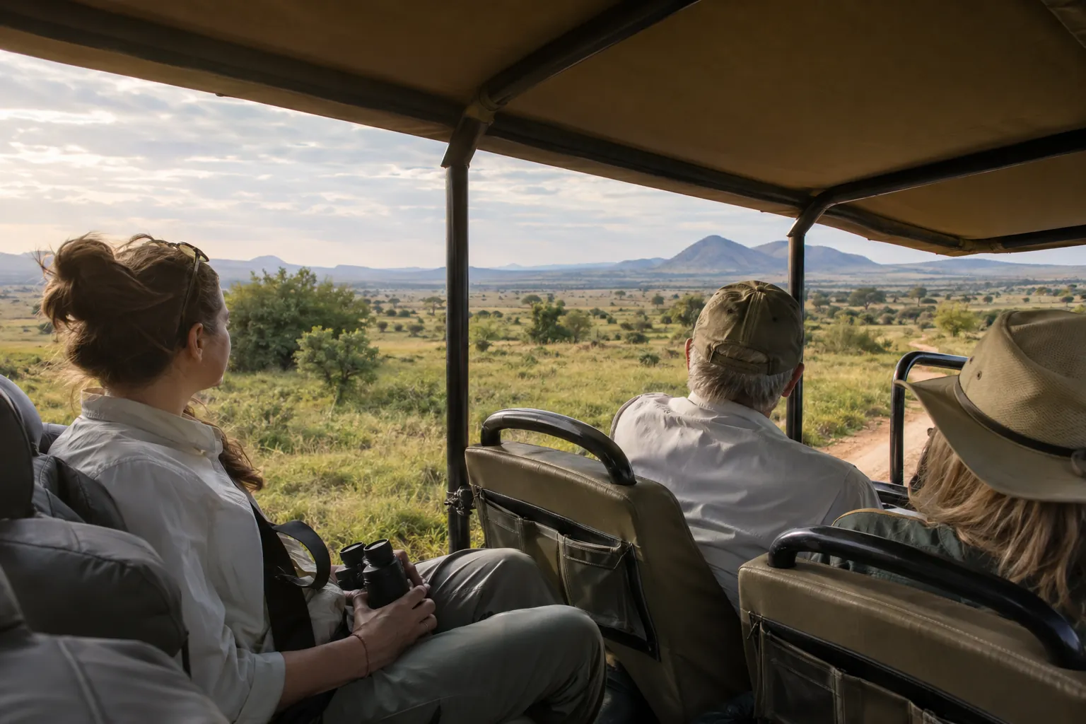 Seated safari passengers looking across open grassland from beneath a canvas vehicle roof.