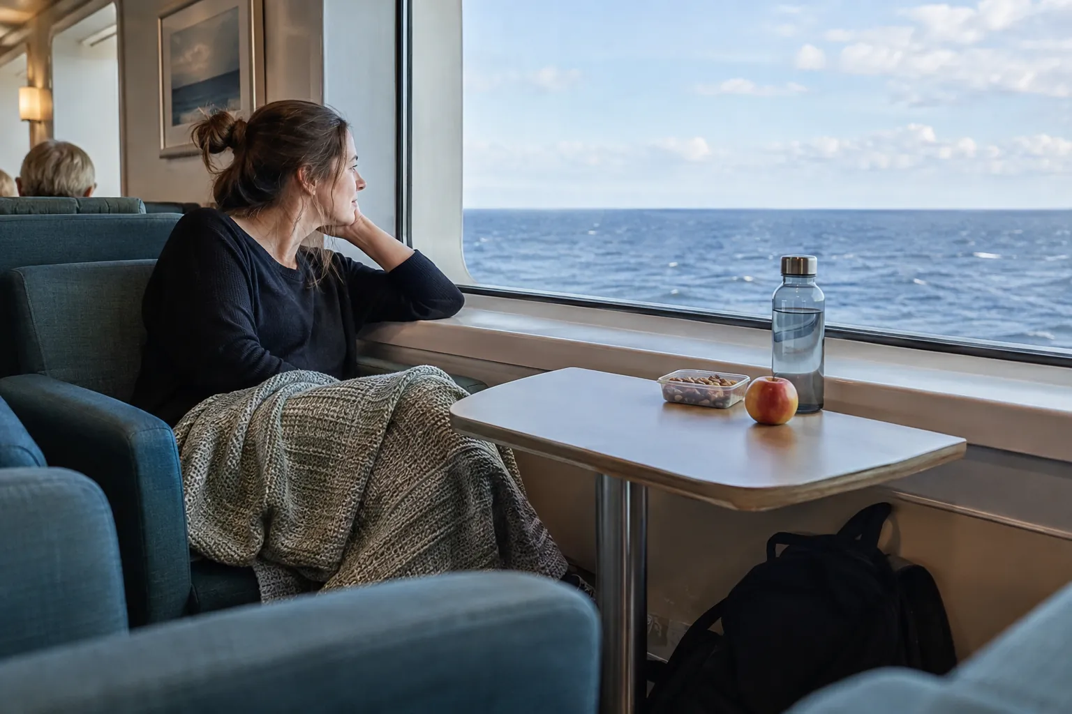 Traveller resting beside a ship lounge window with water and a small snack.