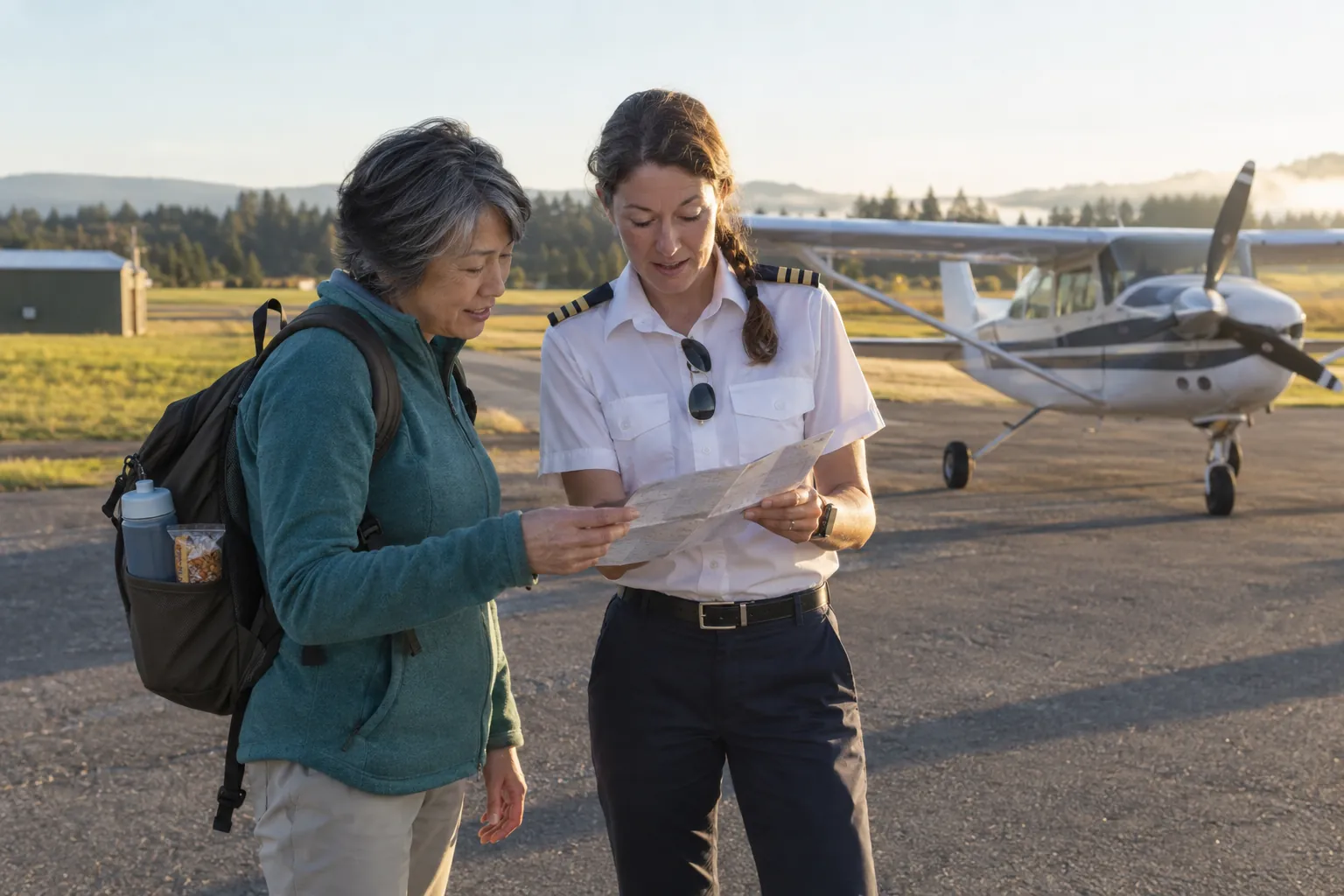 Traveller and pilot preparing for an early sightseeing flight at a quiet airstrip.