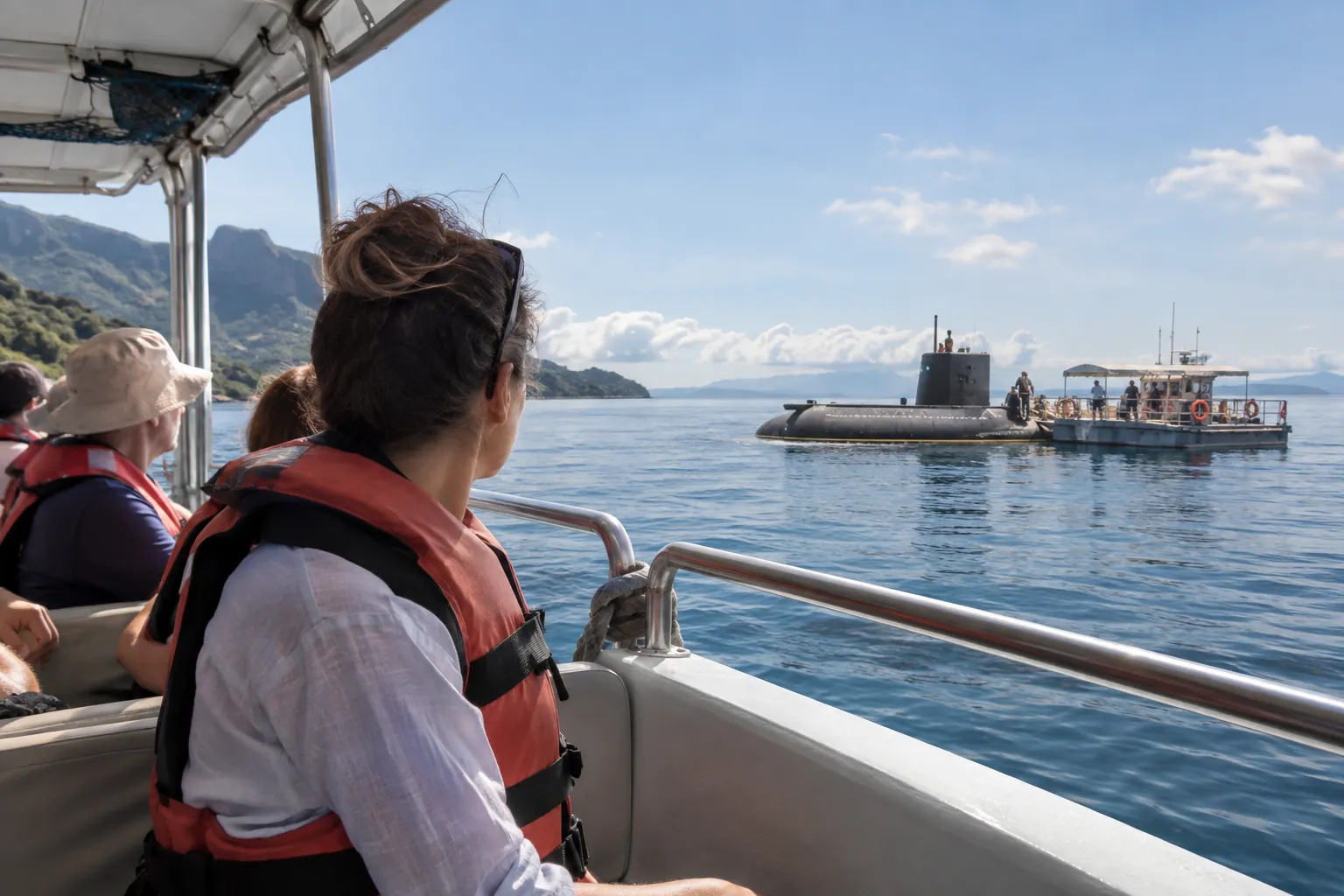 Passenger seated on the shuttle boat approaching a tourist submarine at the surface.