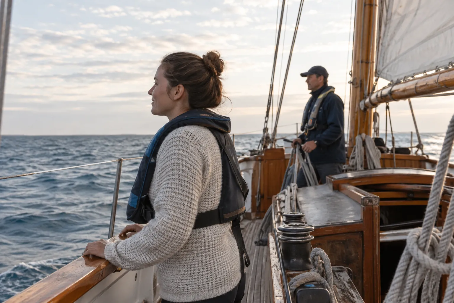 Novice sailor keeping lookout beside an experienced crew member on a traditional sailing vessel.
