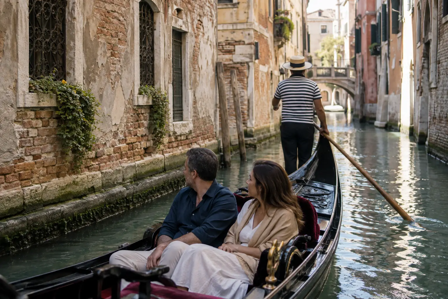 Passengers seated in a gondola on a quiet narrow Venetian canal in the morning.