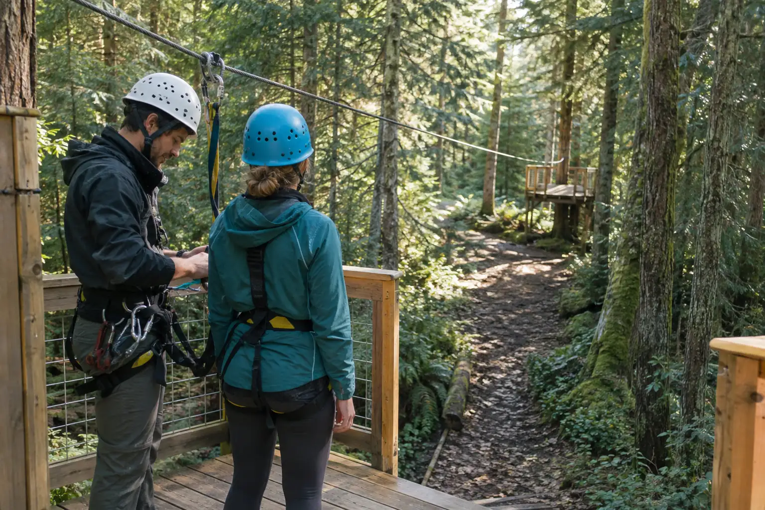 Guide briefing a helmeted participant on a short forest zipline from a secure training platform.