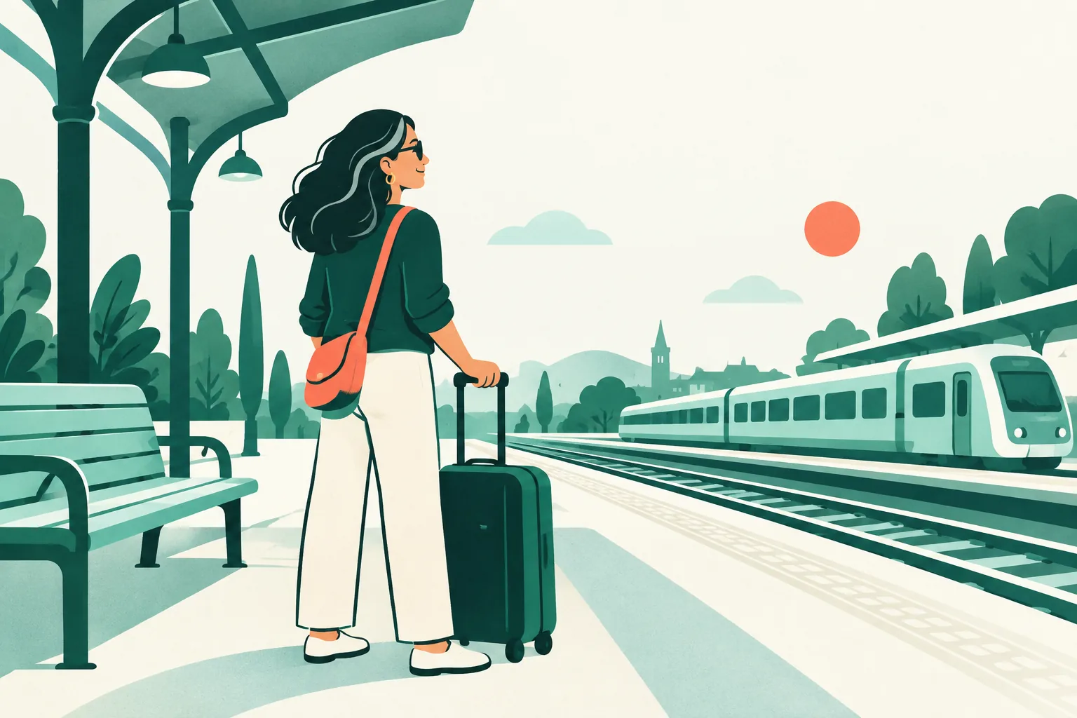 Illustration of an adult with a travel bag pausing on a quiet station platform.