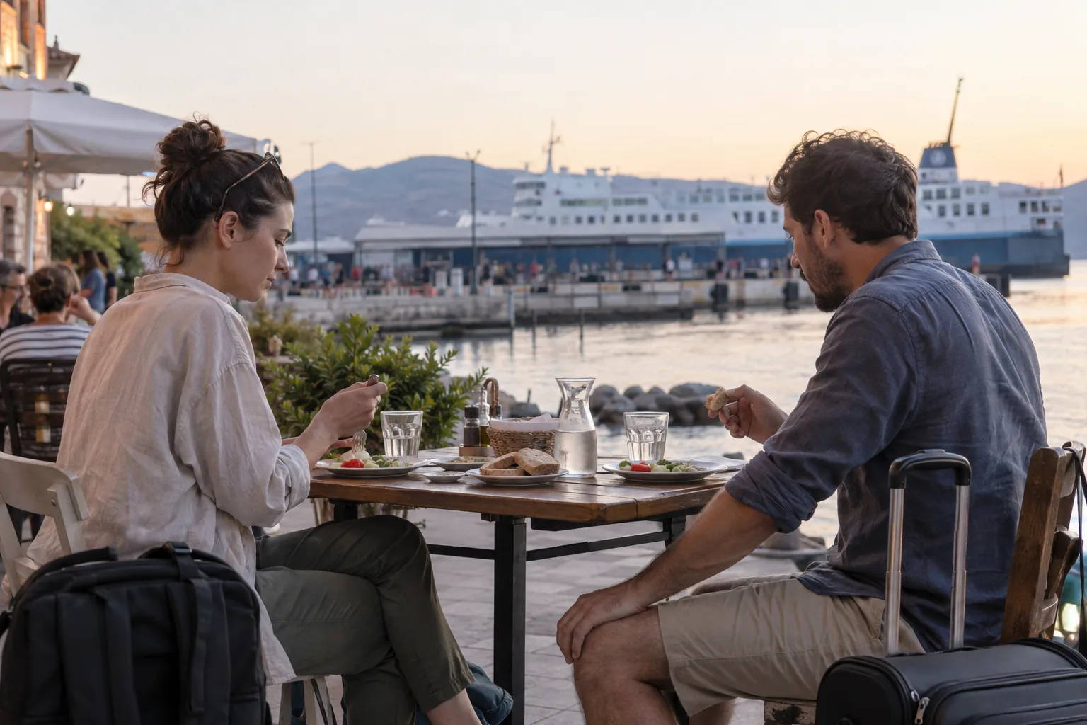 Travellers eating a small simple meal at a harbour-side cafe before boarding a ferry.