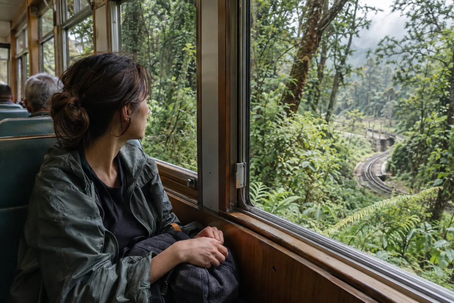 Passenger watching a wooded mountain railway through the window of a small coach.