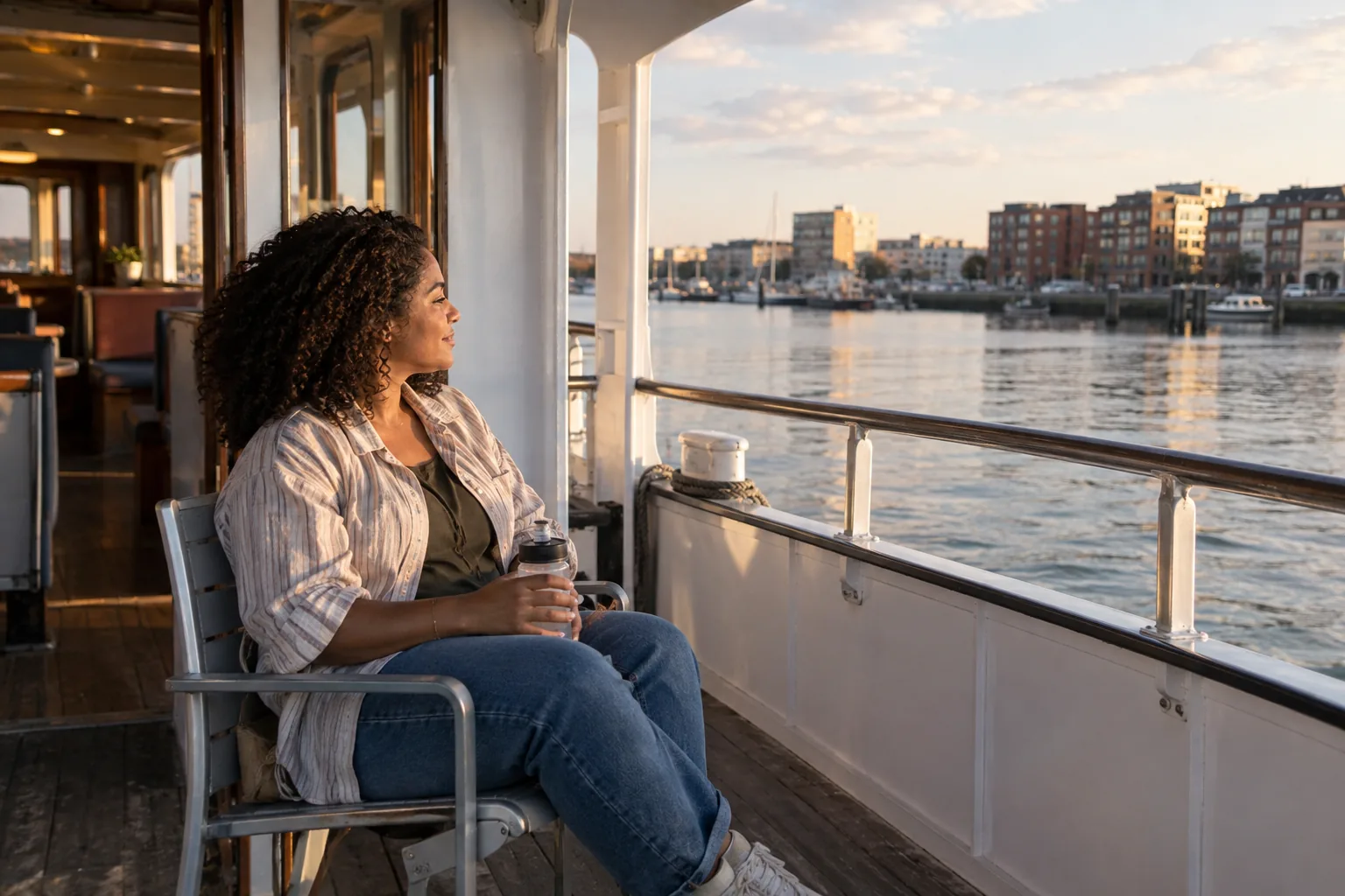 Traveller seated on a quiet open harbour-cruise deck with the shoreline visible beyond the rail.