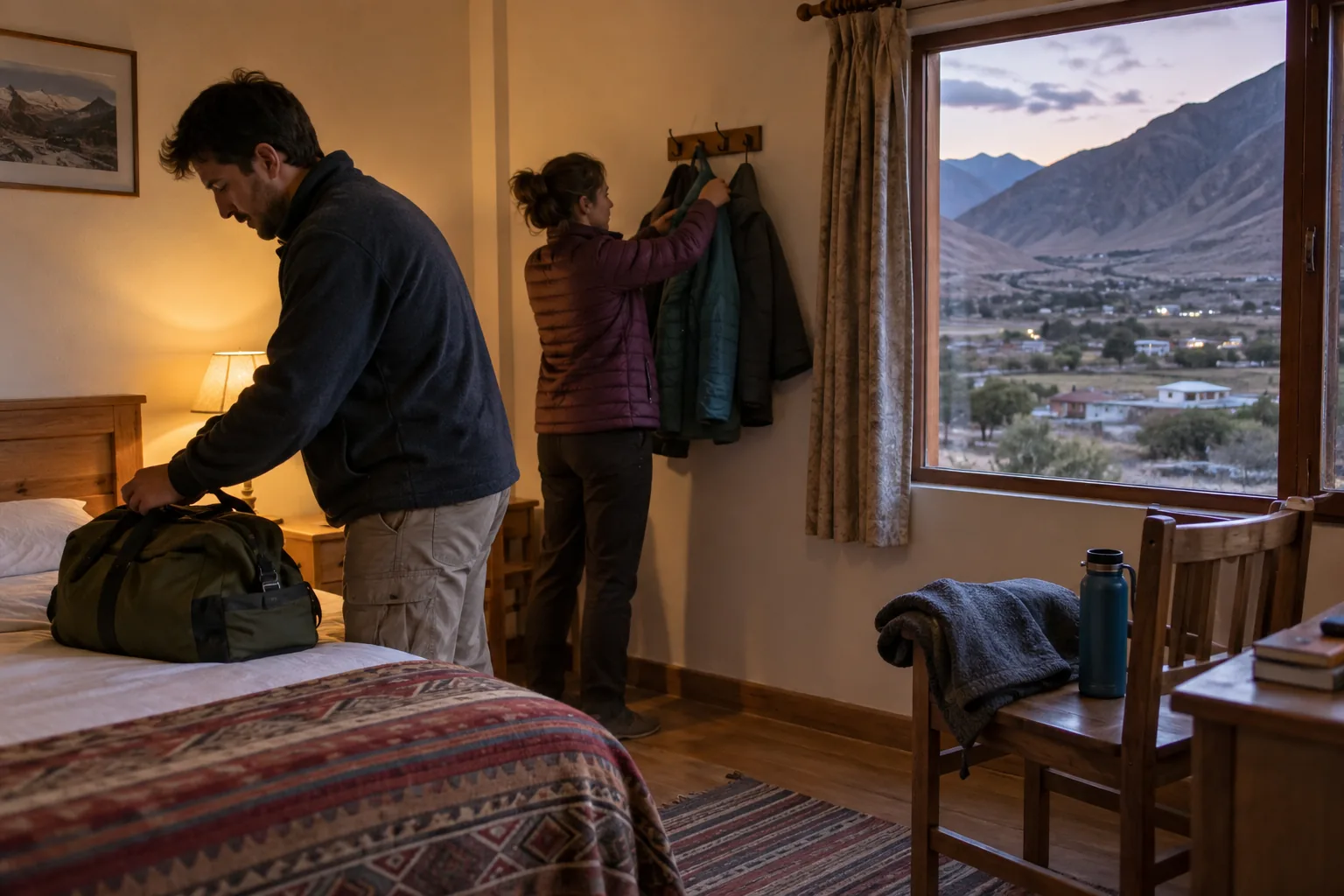 Travellers unpacking a small overnight bag in a modest mountain guesthouse room.