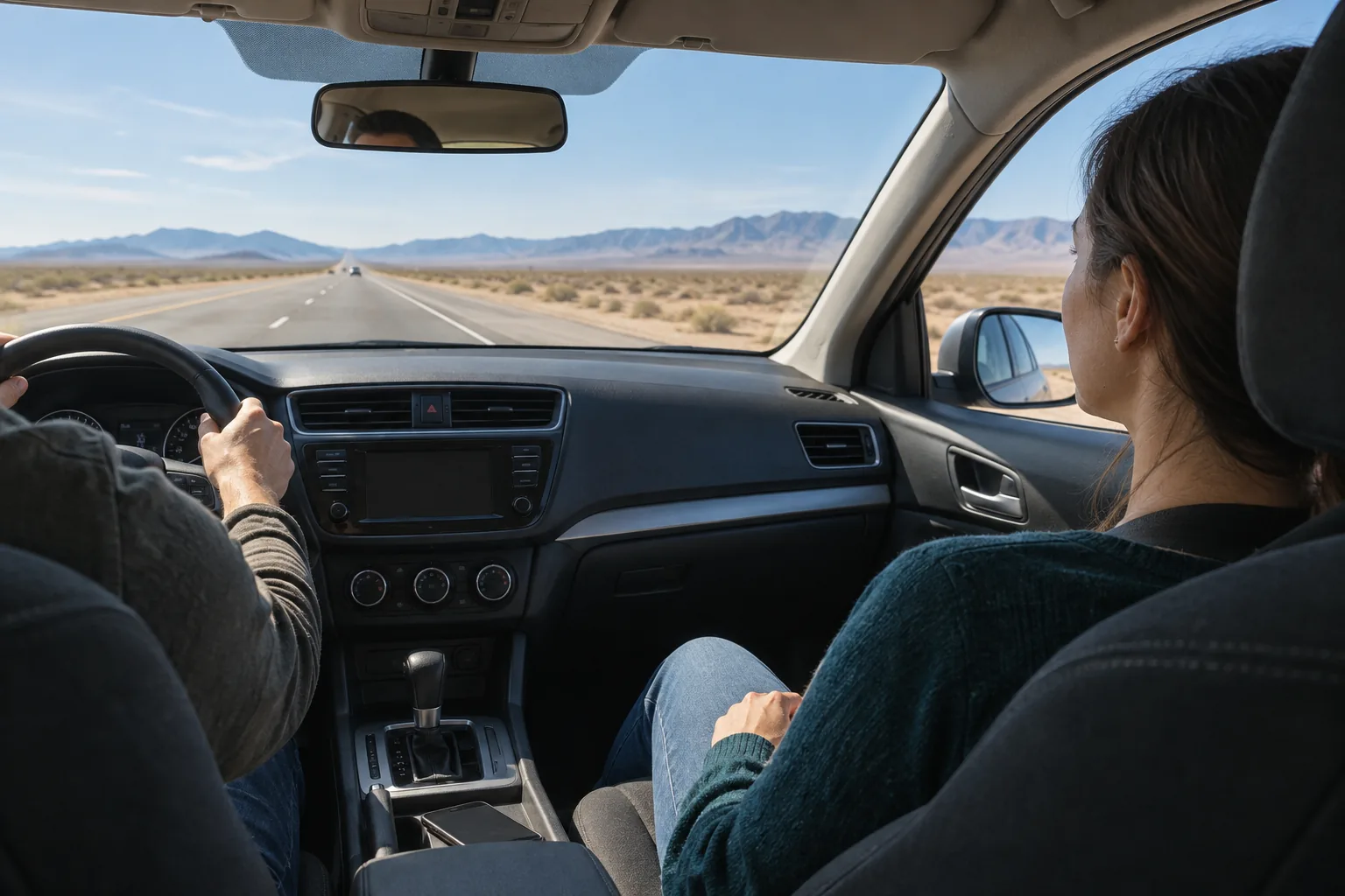 Desert highway and a distant mountain horizon seen through a car's windscreen from the passenger side.
