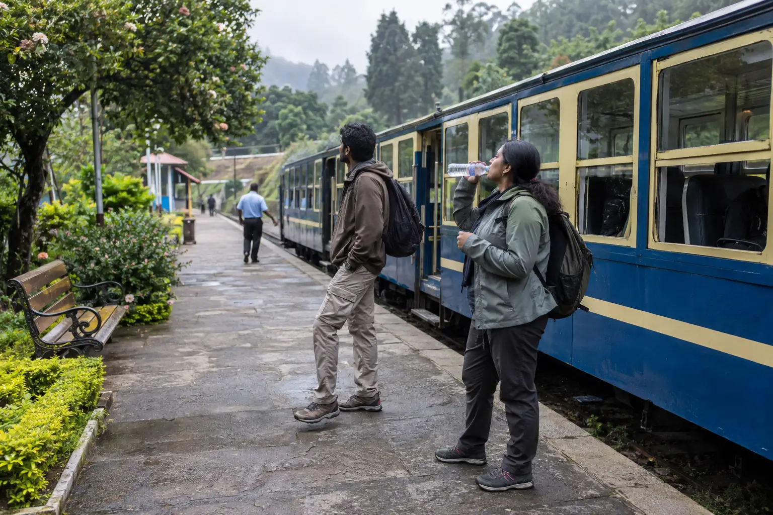 Travellers taking a water break on a safe station platform beside a stopped heritage train.