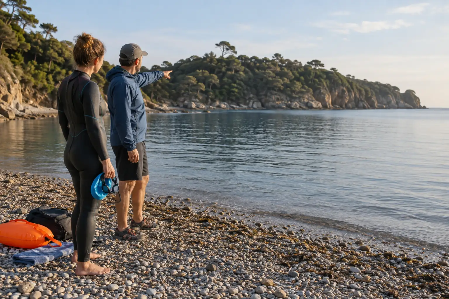 Swimmer and coach looking toward a headland from the beach before an open-water session.