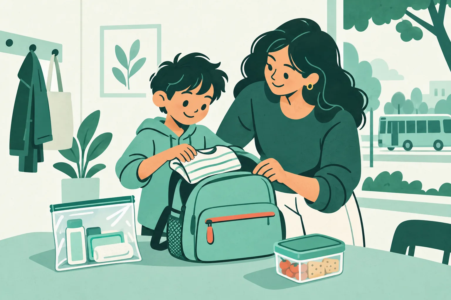 Illustration of a parent and child packing spare clothes and a small snack into a school bag.