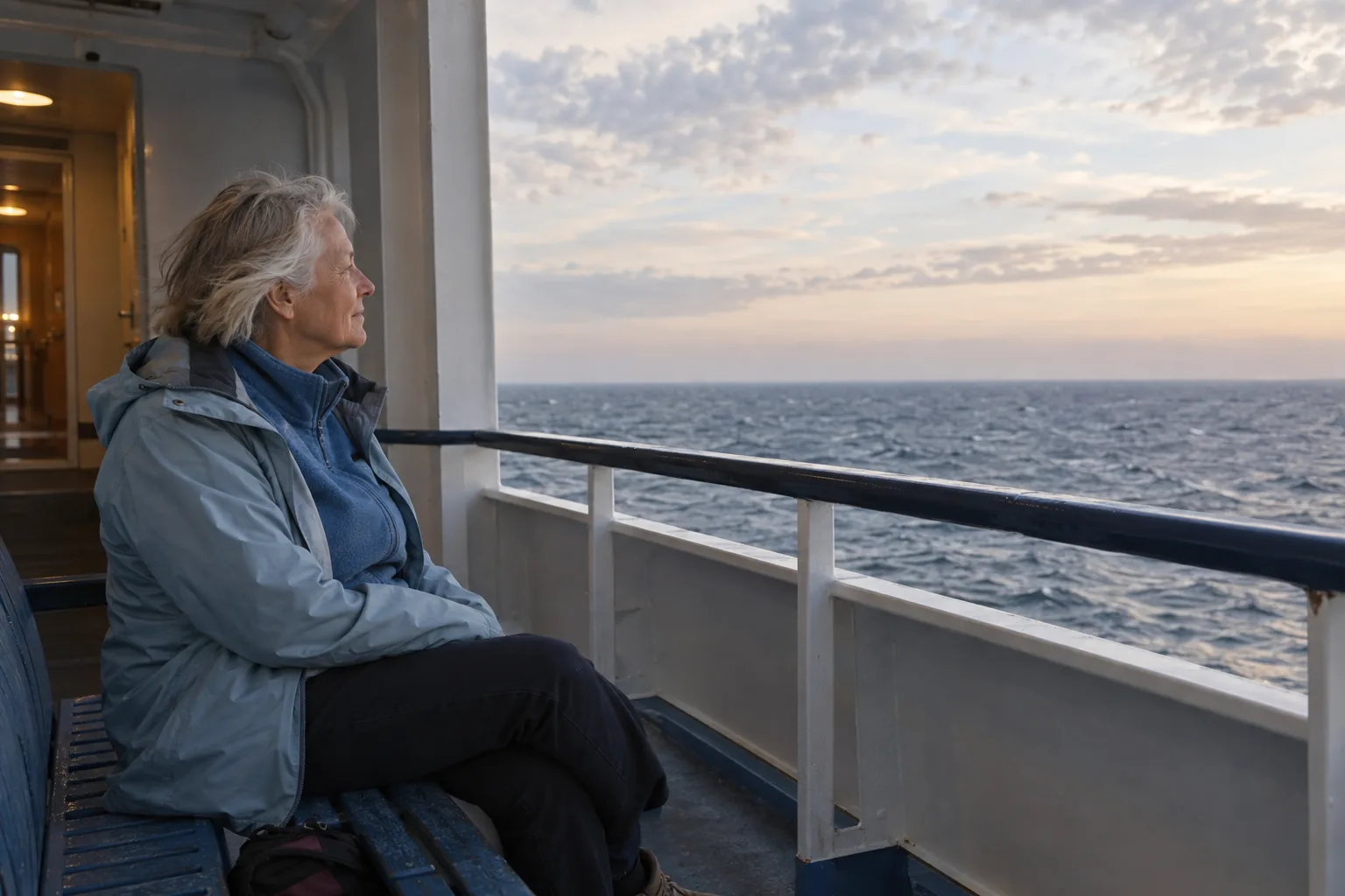 Passenger seated in a sheltered ferry-deck alcove watching the pale late-evening sea horizon.
