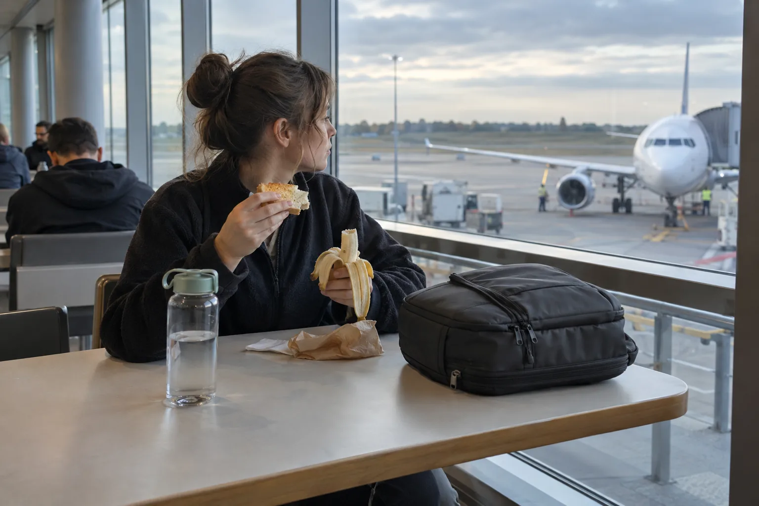 Traveller having a small breakfast and water at an airport gate before a short flight.