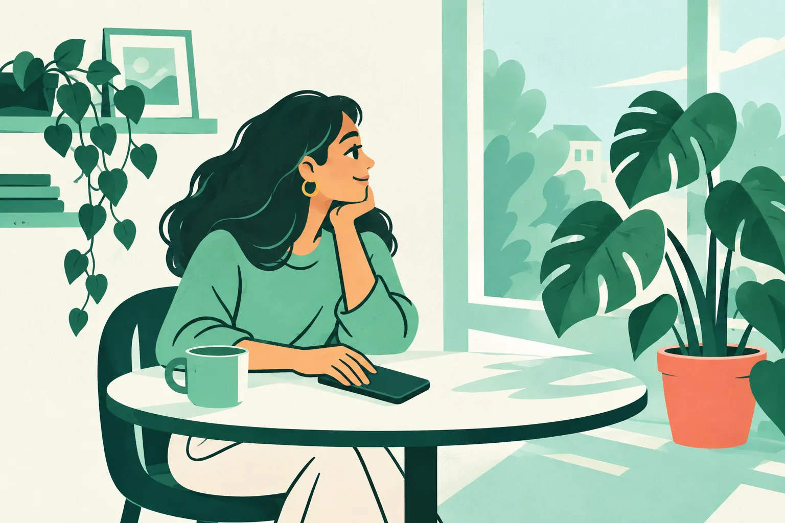 Illustration of a person setting a phone face down and looking toward a still plant by a window.