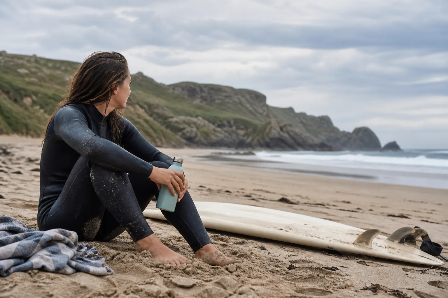 Surfer taking a quiet beach break beside a board while watching the shoreline.