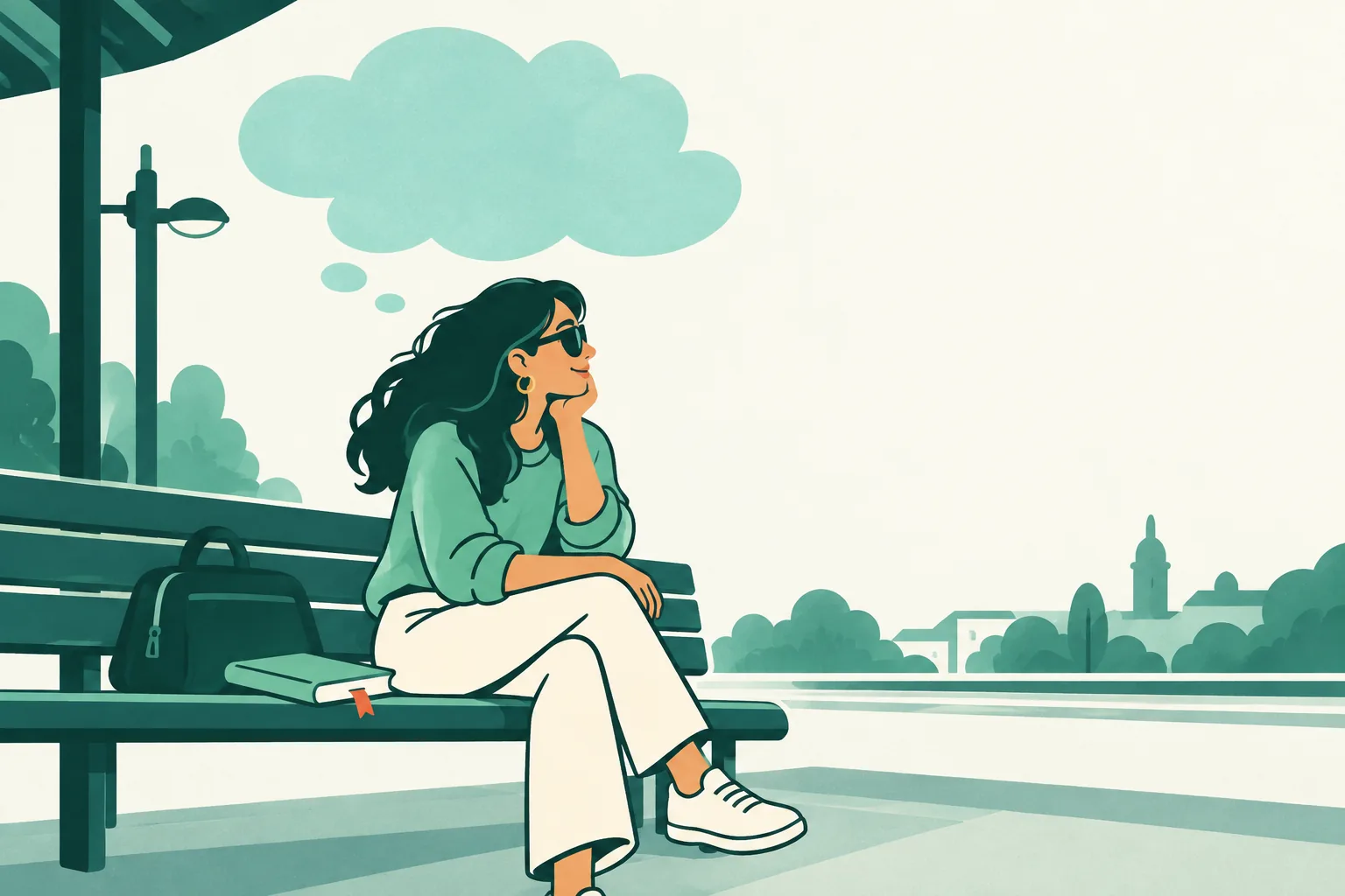 Illustration of a traveller pausing beside a closed notebook, with a soft abstract cloud representing mental fog.