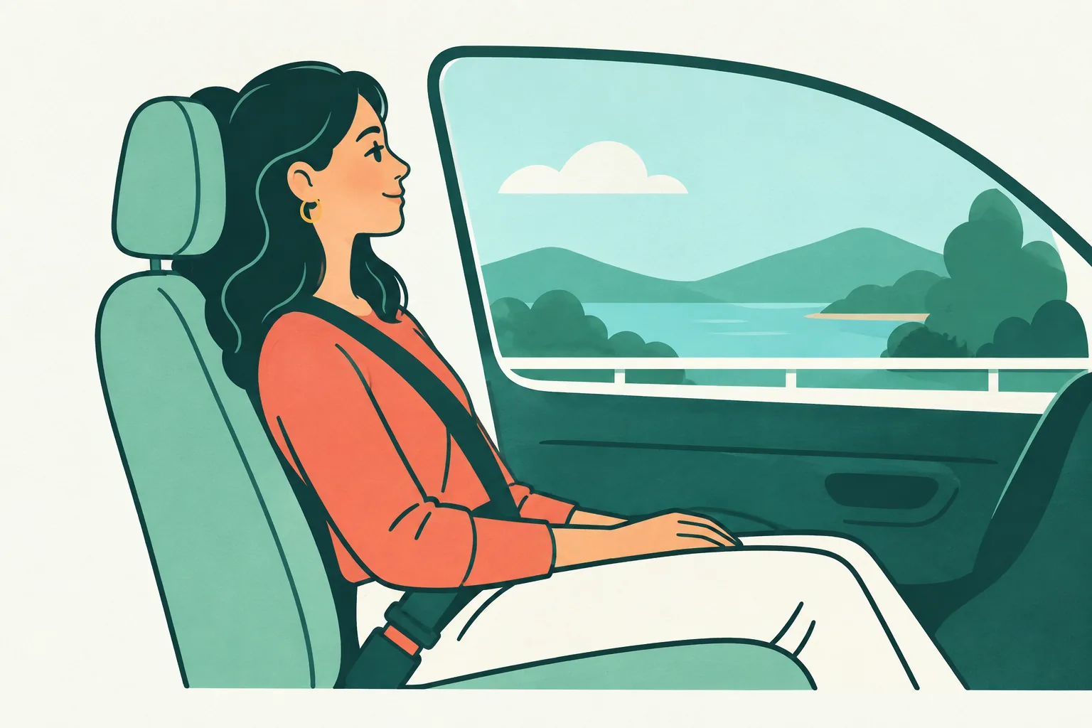 Illustration of a belted passenger resting their head against a headrest with relaxed shoulders.