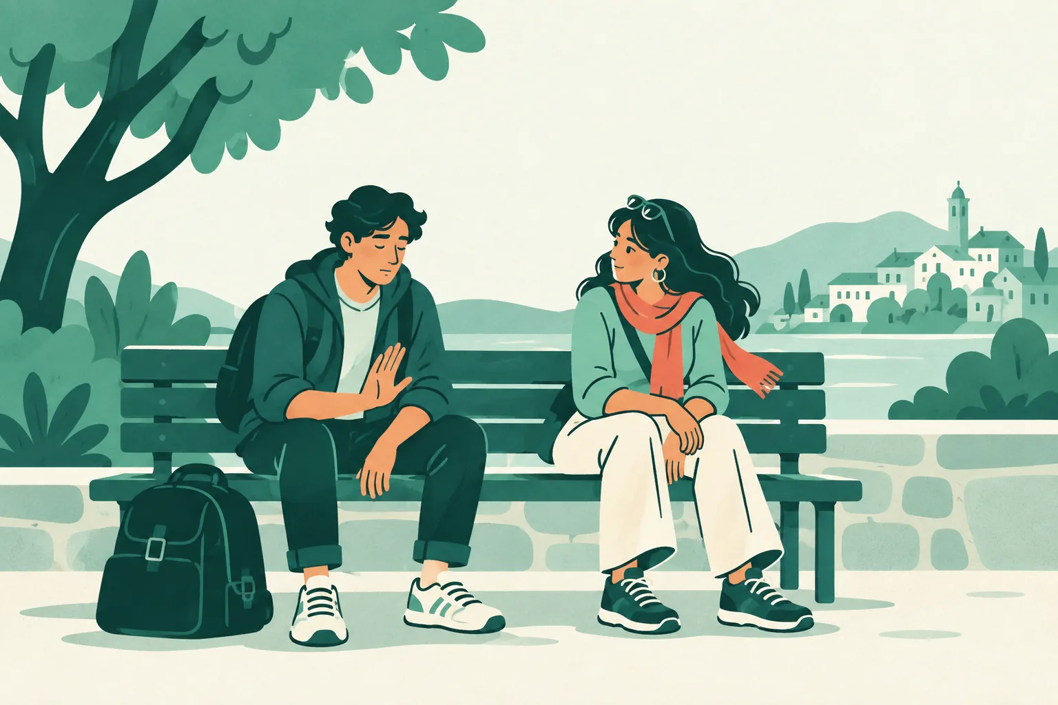 Illustration of two travellers taking a quiet pause, with one companion listening attentively.