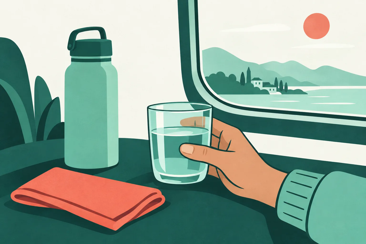 Illustration of a hand holding a small glass of plain water beside a capped bottle.