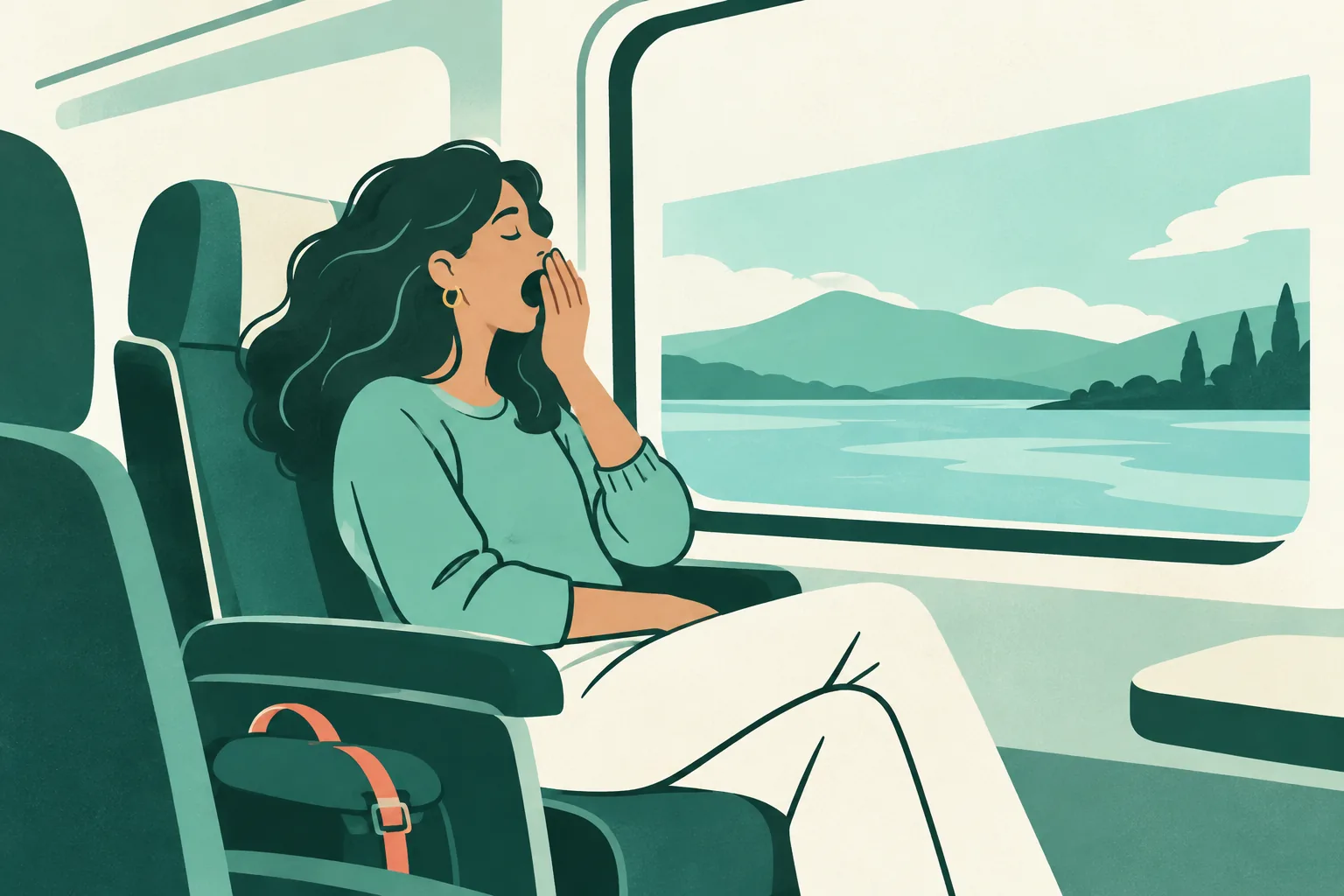 Illustration of a passenger gently covering a yawn beside a window with a distant horizon.
