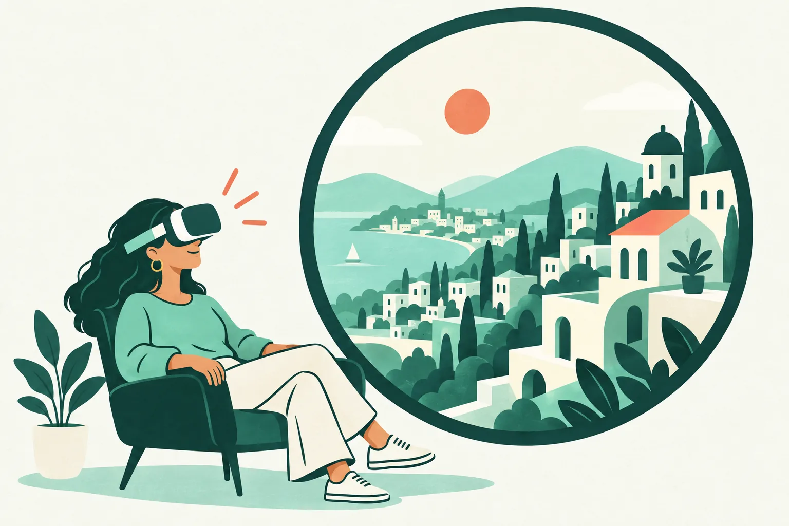 Illustration of abstract miniature buildings and hills within a broad circular viewing frame.
