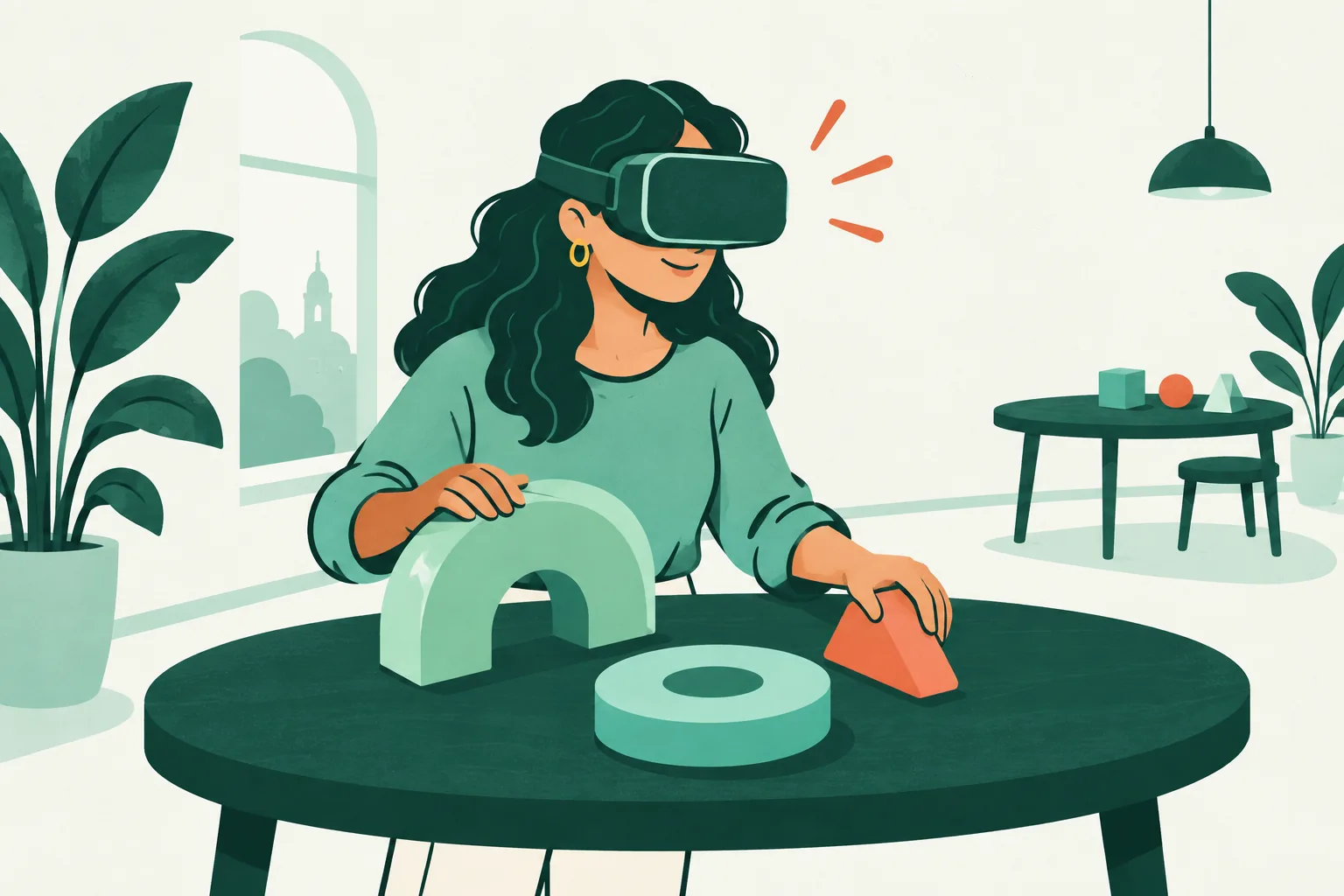 Illustration of a headset viewer facing a fixed tabletop with simple abstract puzzle pieces.