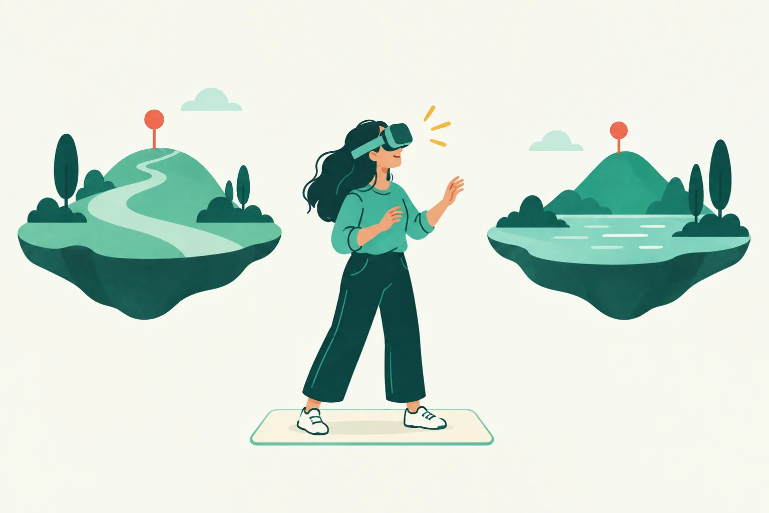 Illustration of a stationary headset user beside two separate miniature virtual viewpoints.