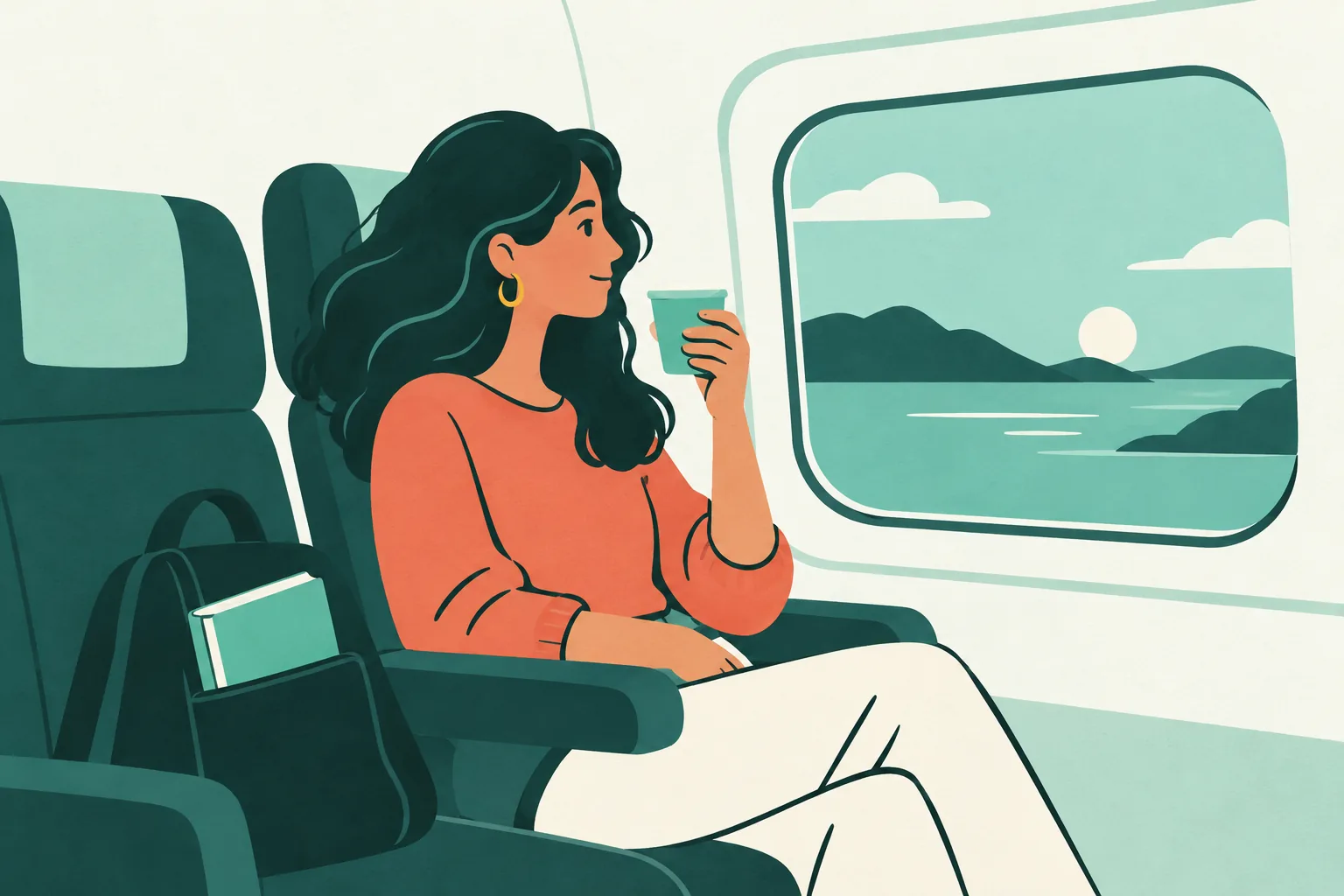 Illustration of a seated traveller holding a small cup of water beside a closed book.