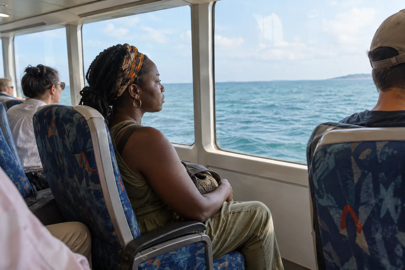 Traveller sitting in an ordinary ferry lounge seat with the sea visible through a side window.
