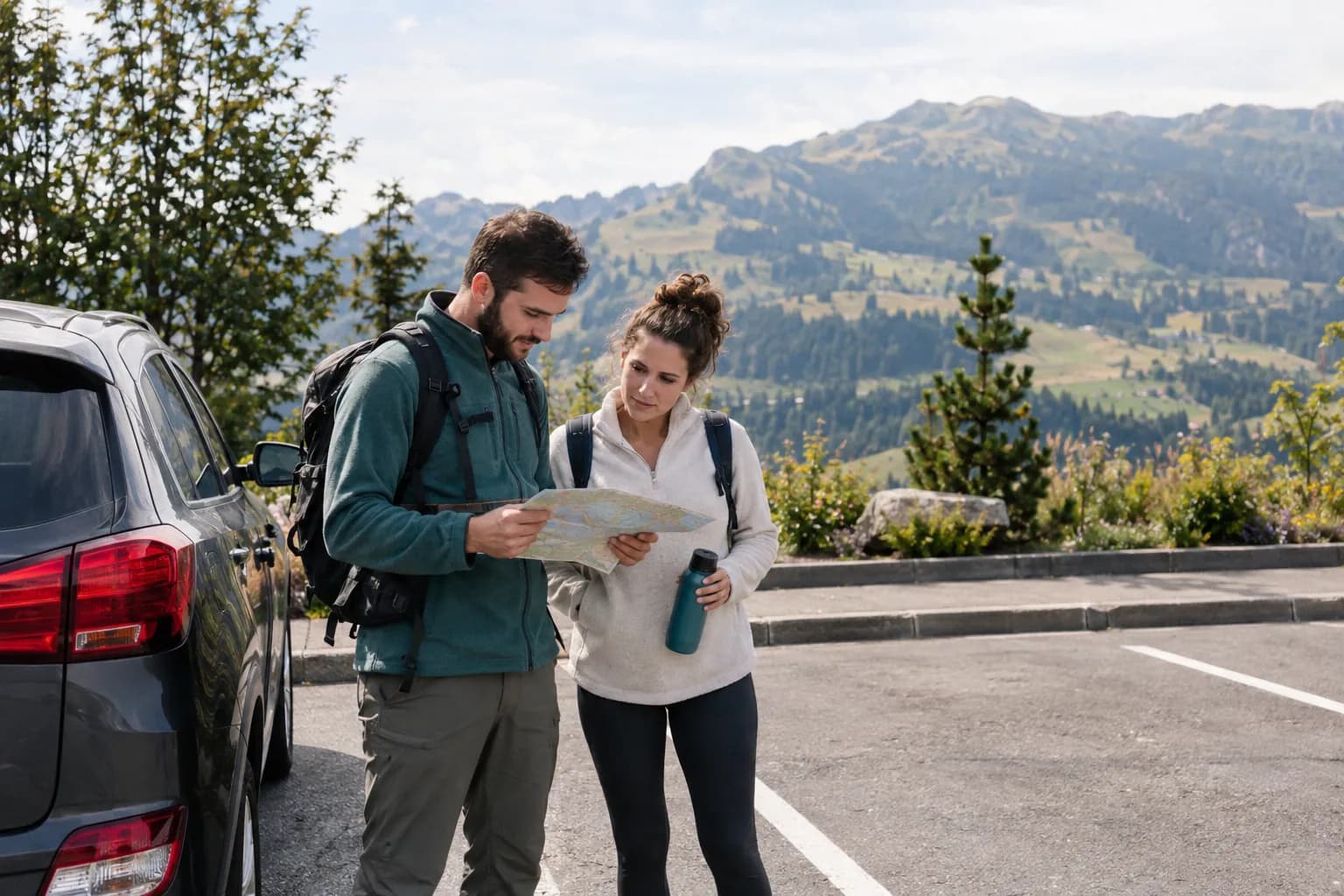Two travellers beside a safely parked car in a paved alpine rest bay separated from the road.