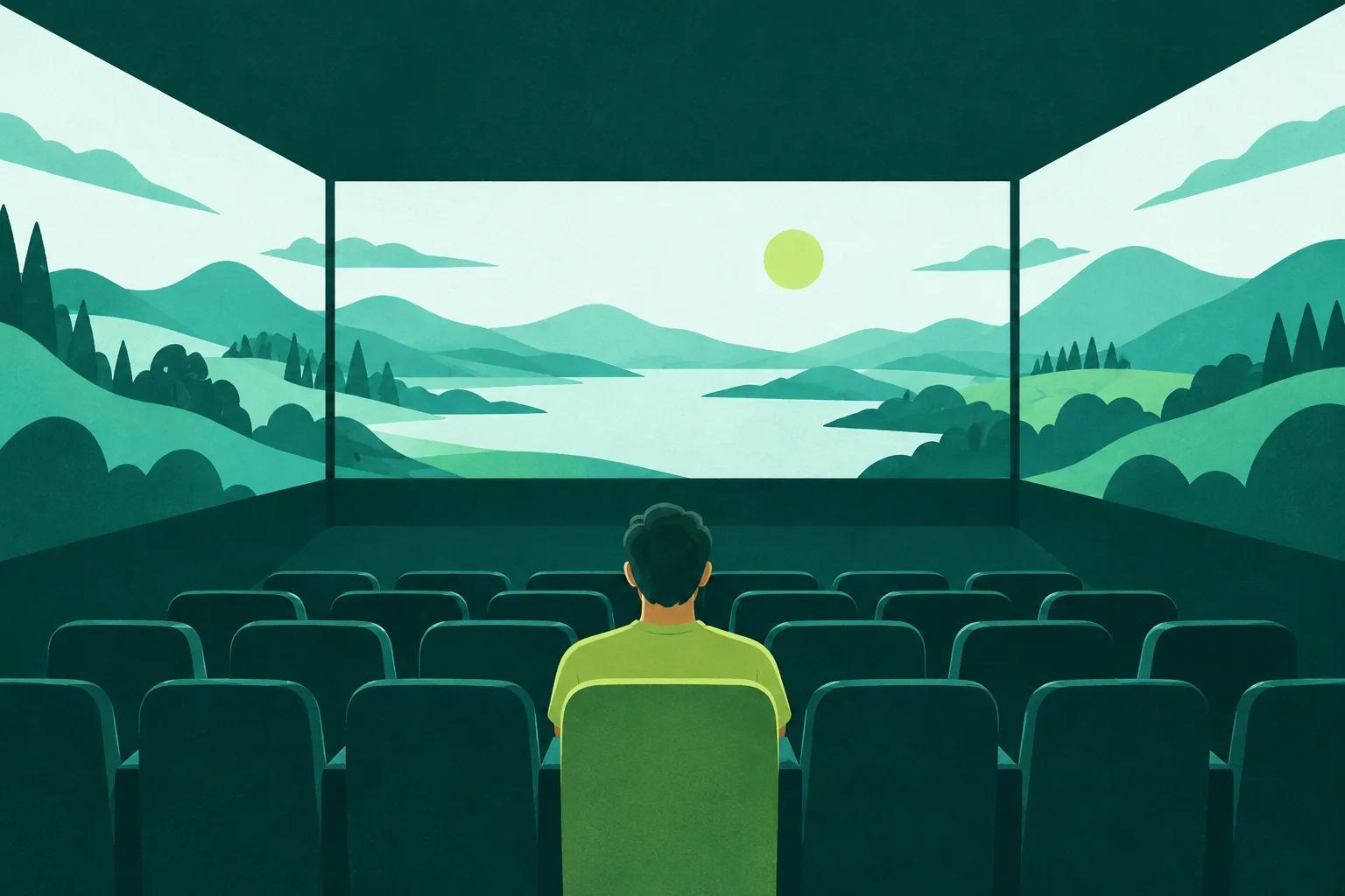 Oblique cinema room with projected shapes on the front and both side walls around a central viewer.