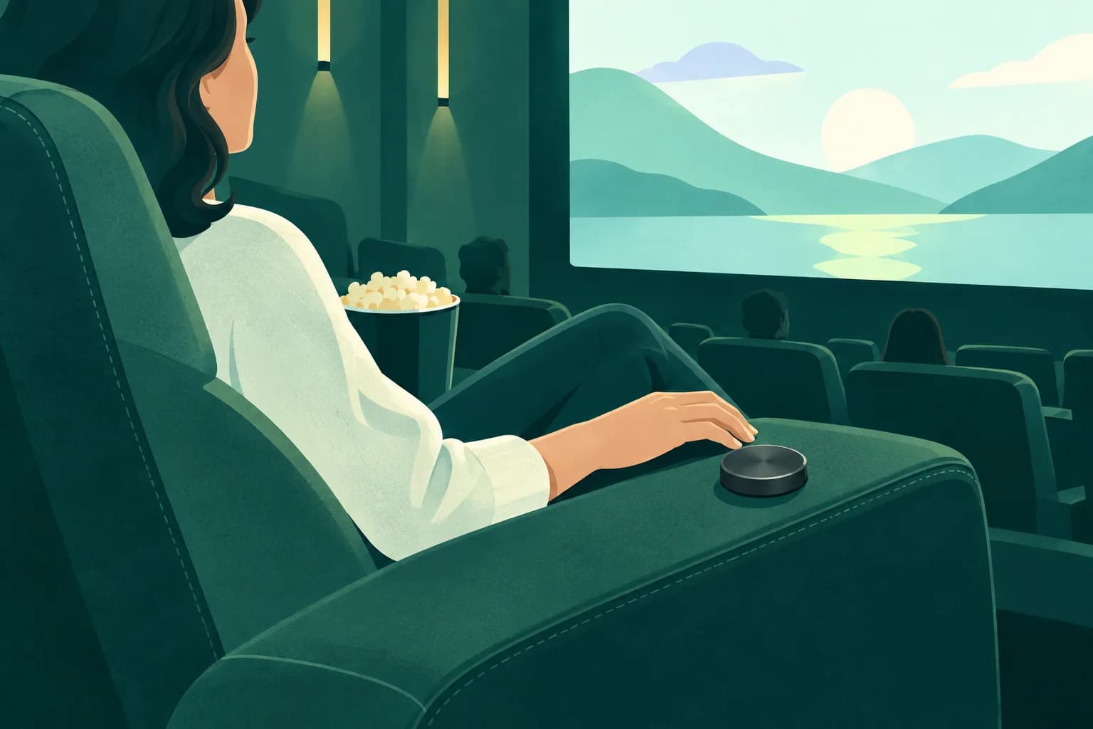Individual cinema recliner with a plain round armrest control beside a viewer's relaxed hand.