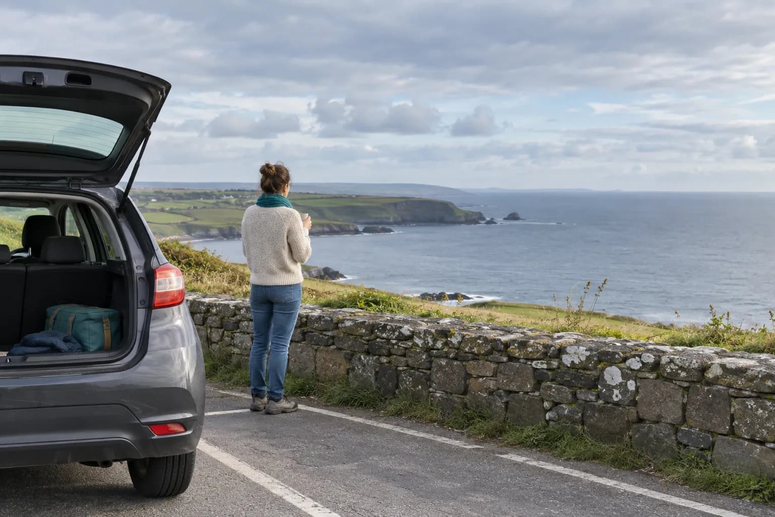 Adult beside a compact car at a designated coastal rest area with a low green coastline beyond.