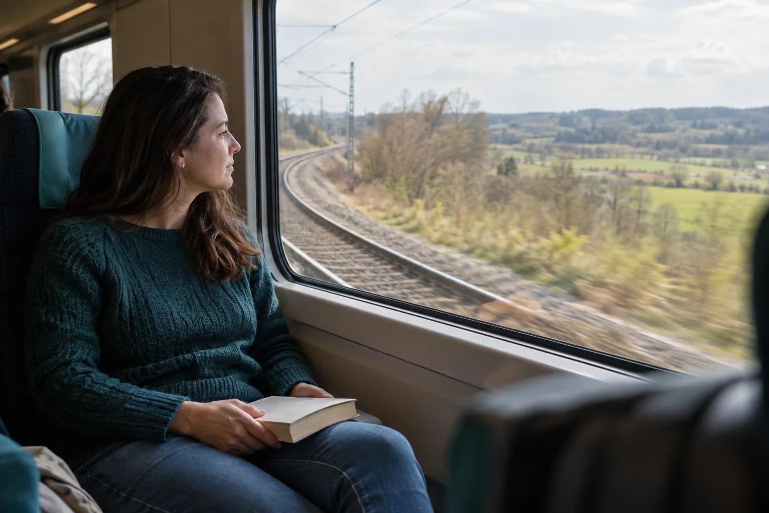 Train passenger looking outside toward curving countryside with a closed book resting on their lap.