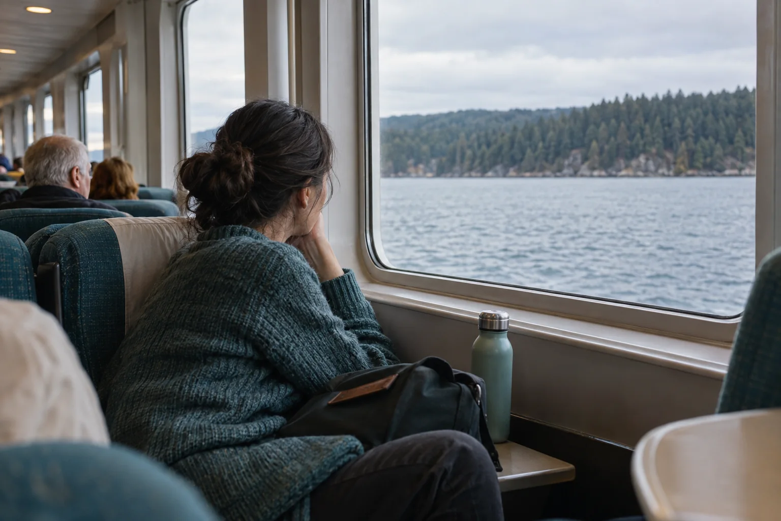 Adult in a middle ferry lounge seat watching the horizon through a broad window under overcast light.