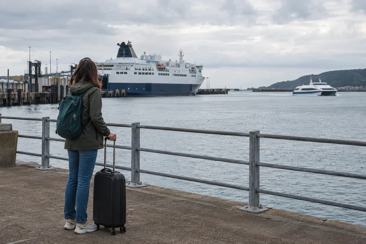 Traveller on a protected quay looking toward a large conventional ferry and a smaller distant catamaran.