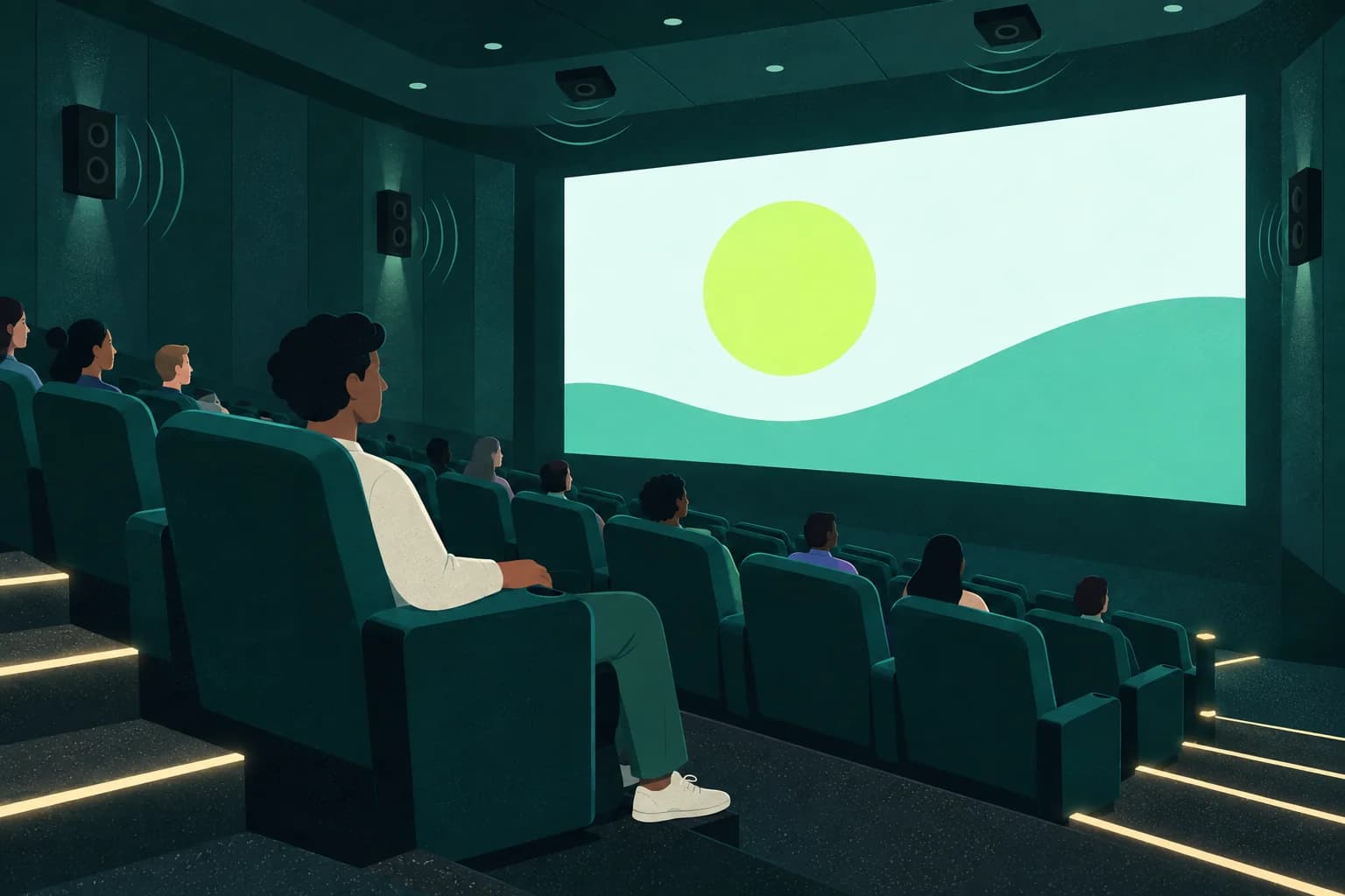 Fixed cinema recliner facing an abstract bright screen with simple speaker shapes around the room.
