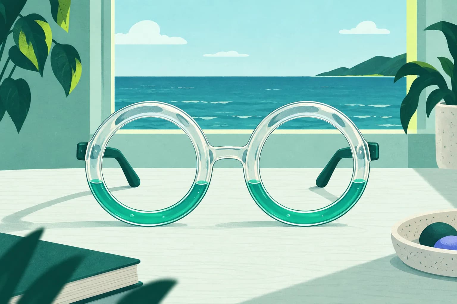 Generic lensless fluid-ring glasses on a tabletop with a distant level horizon through a window.