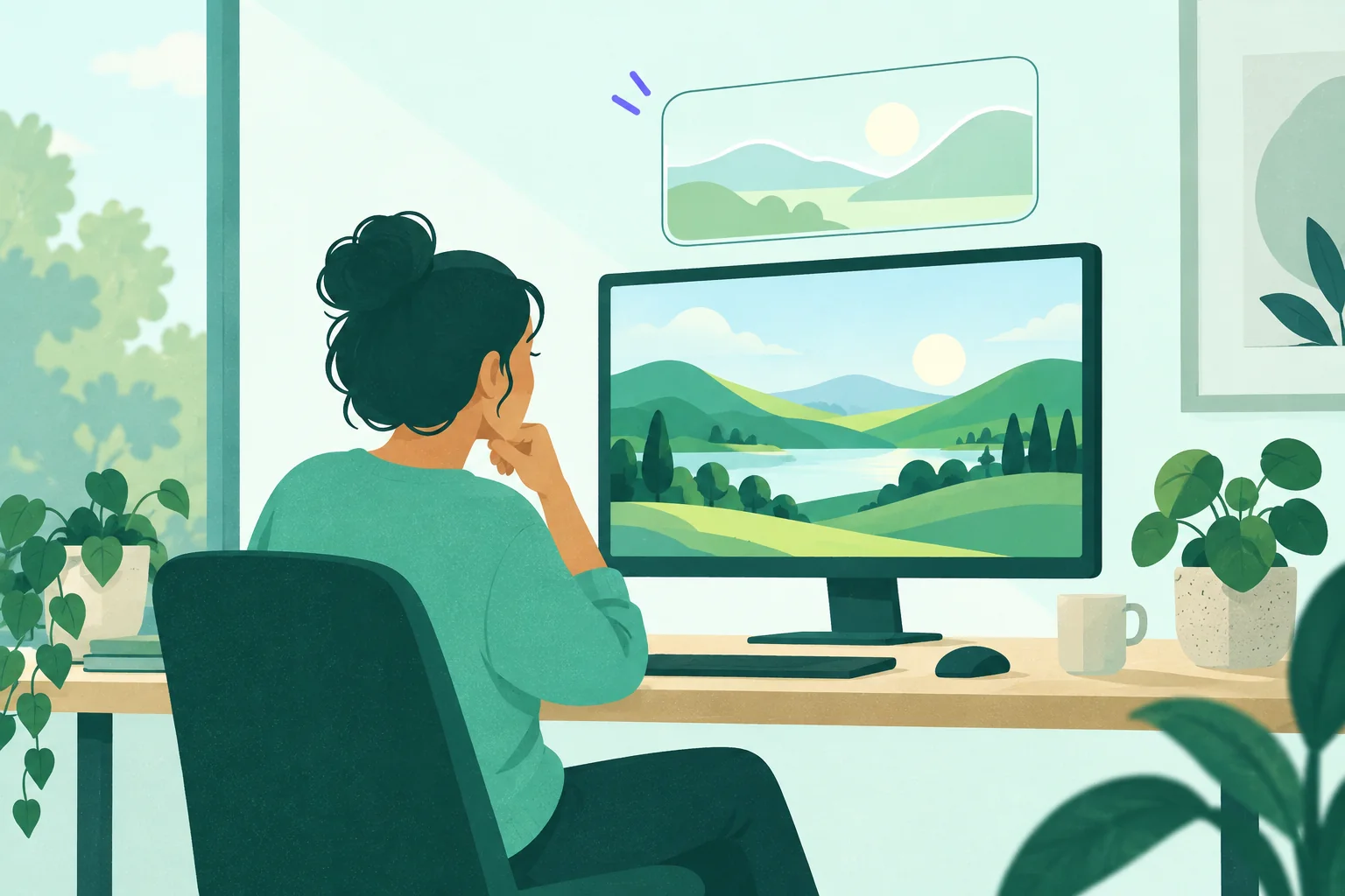Seated player facing a geometric landscape on a monitor with a gently offset viewport outline.