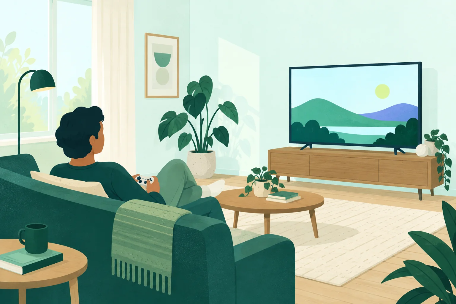 Adult sitting back from a television with a controller resting on their lap and the room visible around the screen.