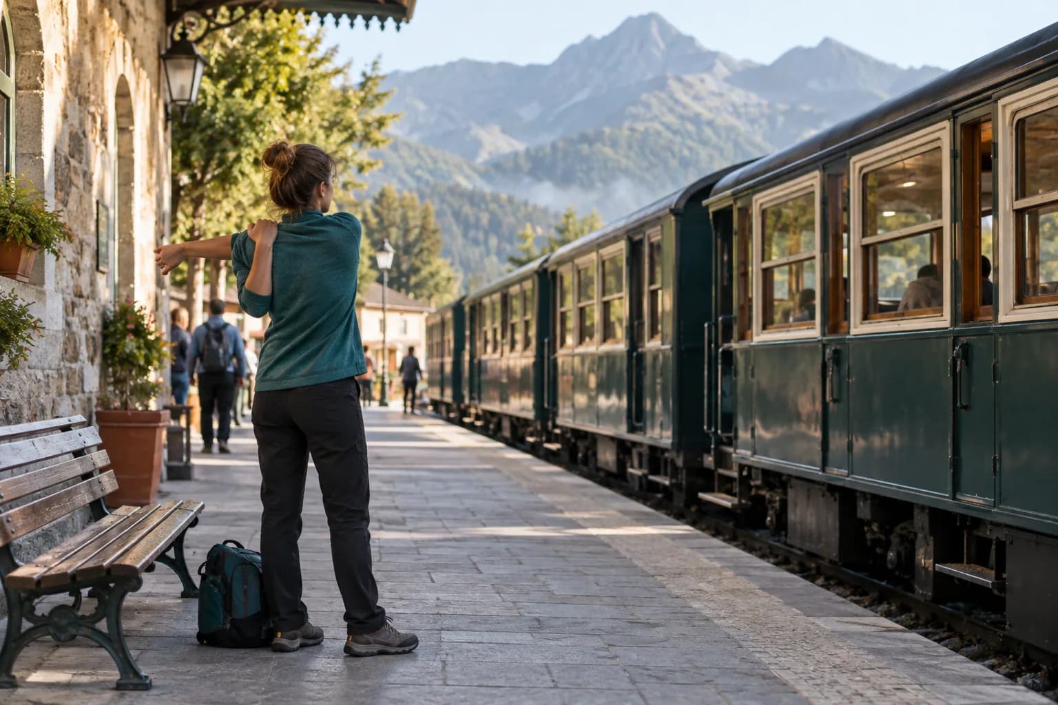 Adult stretching gently on a broad station platform well back from a stationary narrow-gauge train.