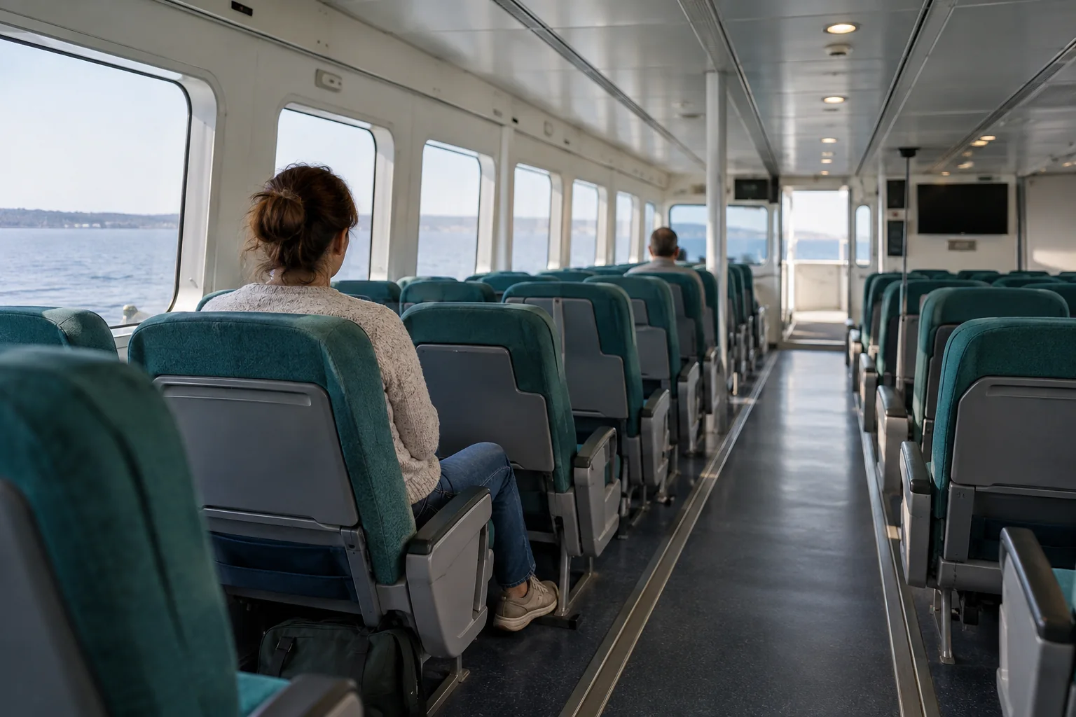 Adult seated in the middle of a generic fast-ferry cabin with empty front rows farther ahead.