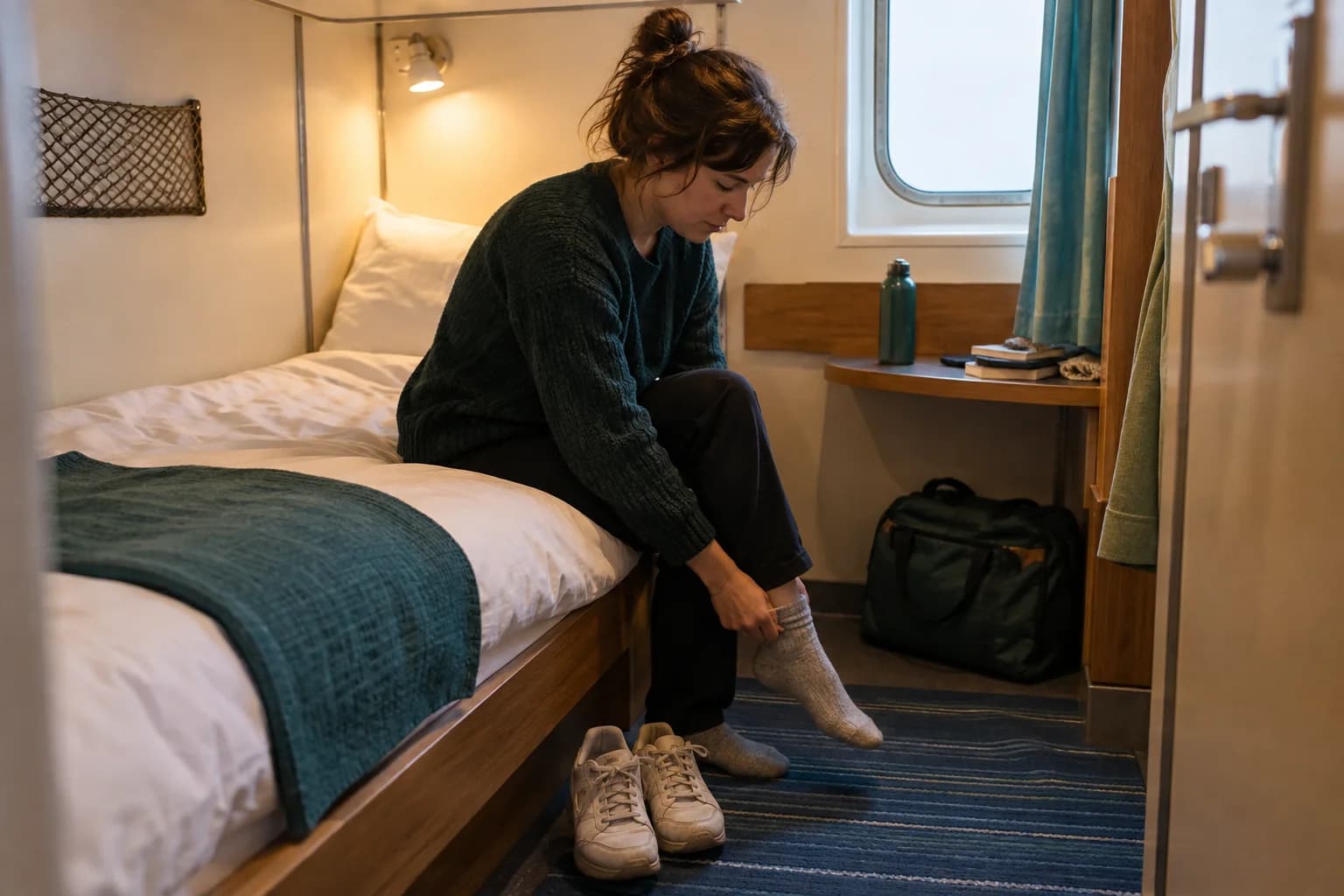 Adult preparing to rest beside a made bunk and small travel bag in a modest ferry cabin.