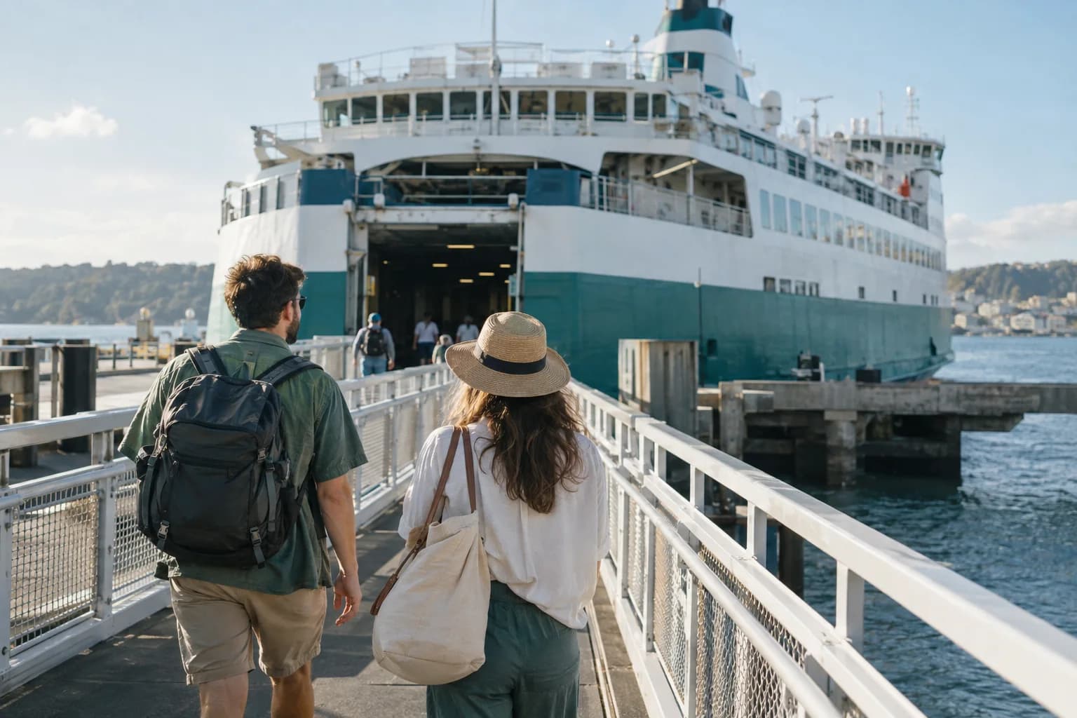 Travellers approaching a large generic ferry along a level separated pedestrian boarding walkway.