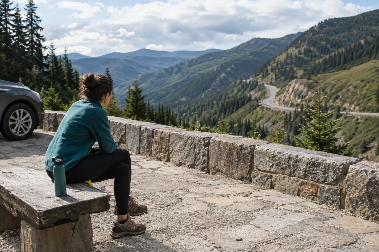 Traveller resting beside a parked car in a proper mountain-road pullout behind a barrier.