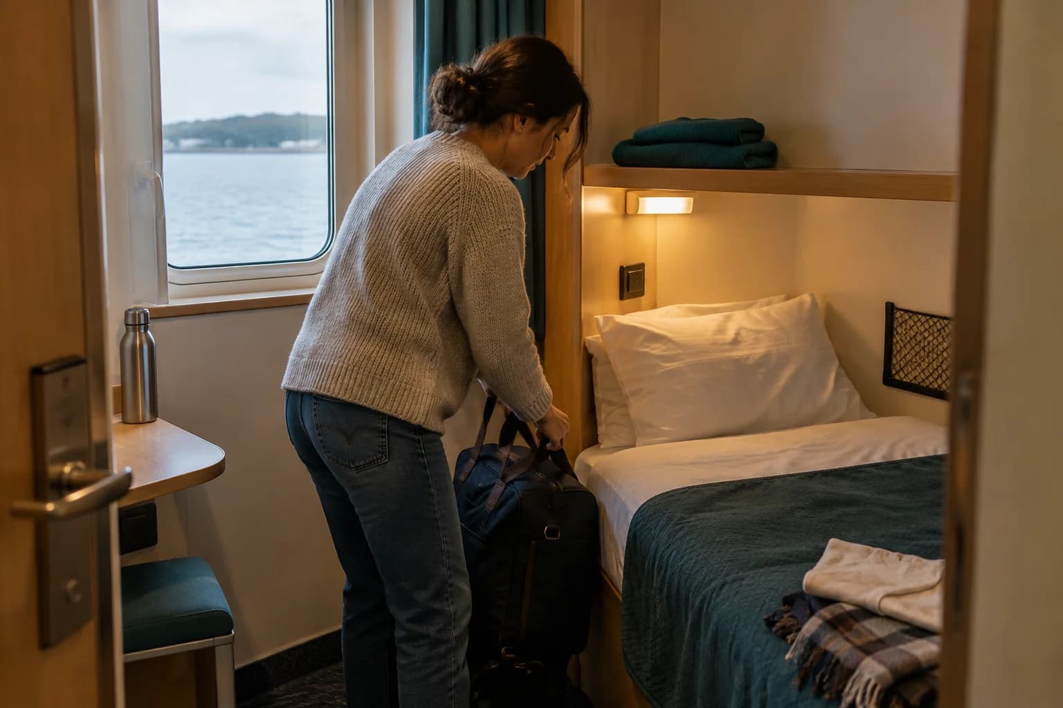 Adult arranging a small travel bag beside a lower bunk in a quiet overnight ferry cabin.