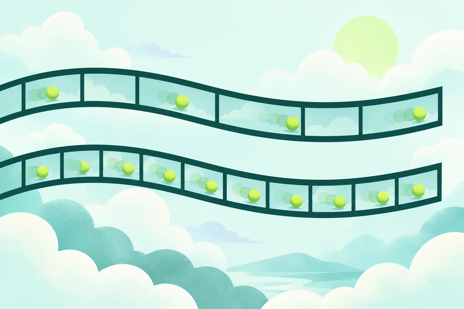 Two abstract filmstrip ribbons showing a ball at different spacings across successive frames.