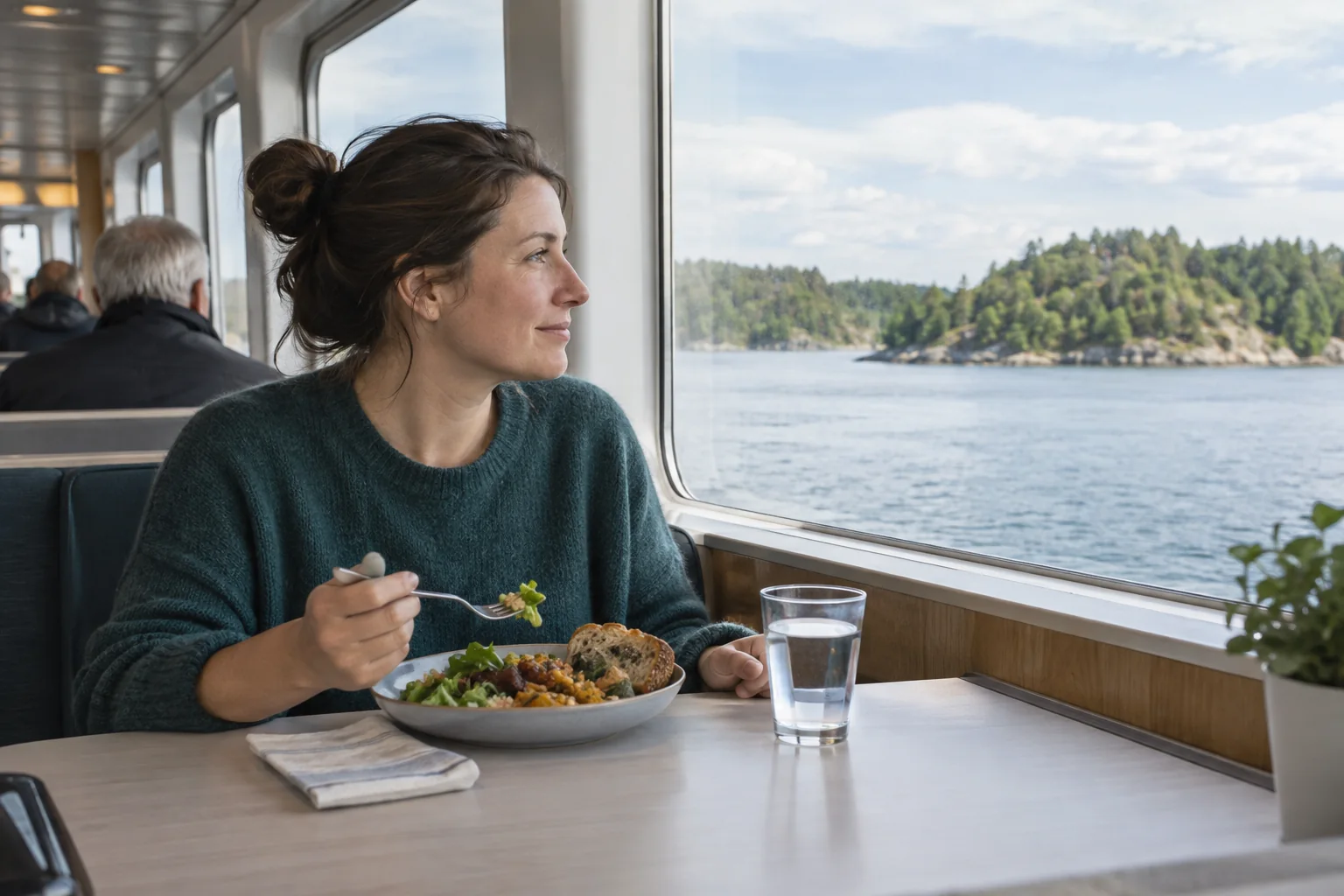 Traveller having a small meal in a ferry lounge with wooded islands beyond the window.